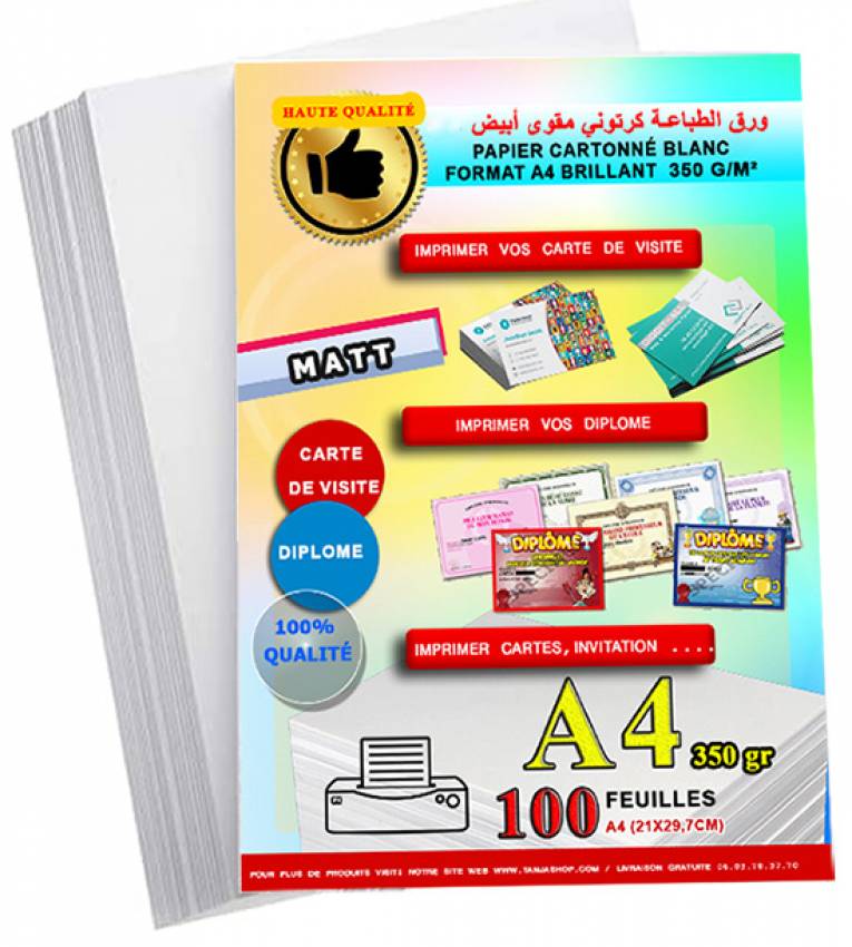 Papier 350g A4 Matt cartonné -Pack 100 Feuilles